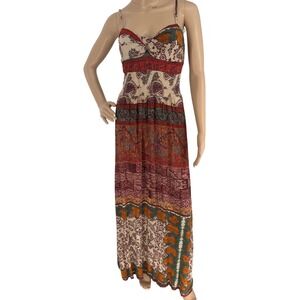 Pull&Bear Women Small Boho Paisley Floral Smocked Maxi Dress Red Multi Strappy